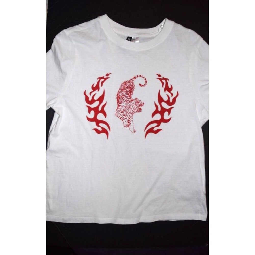 EUC H&M DIVIDED RED FLAMES TIGER WHITE SHORT SLEEVE TEE T SHIRT SIZE S SMALL